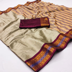 Chikoo Woven Cotton Silk Saree With Tassels