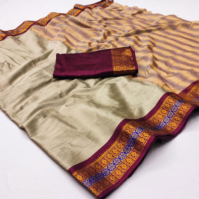 Chikoo Woven Cotton Silk Saree With Tassels