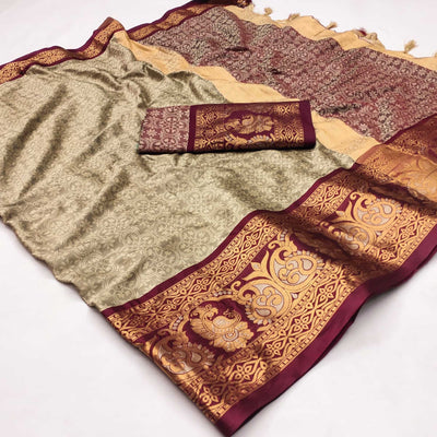 Chikoo Floral Woven Cotton Silk Saree With Tassels