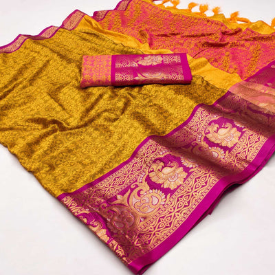 Gold Floral Woven Cotton Silk Saree With Tassels