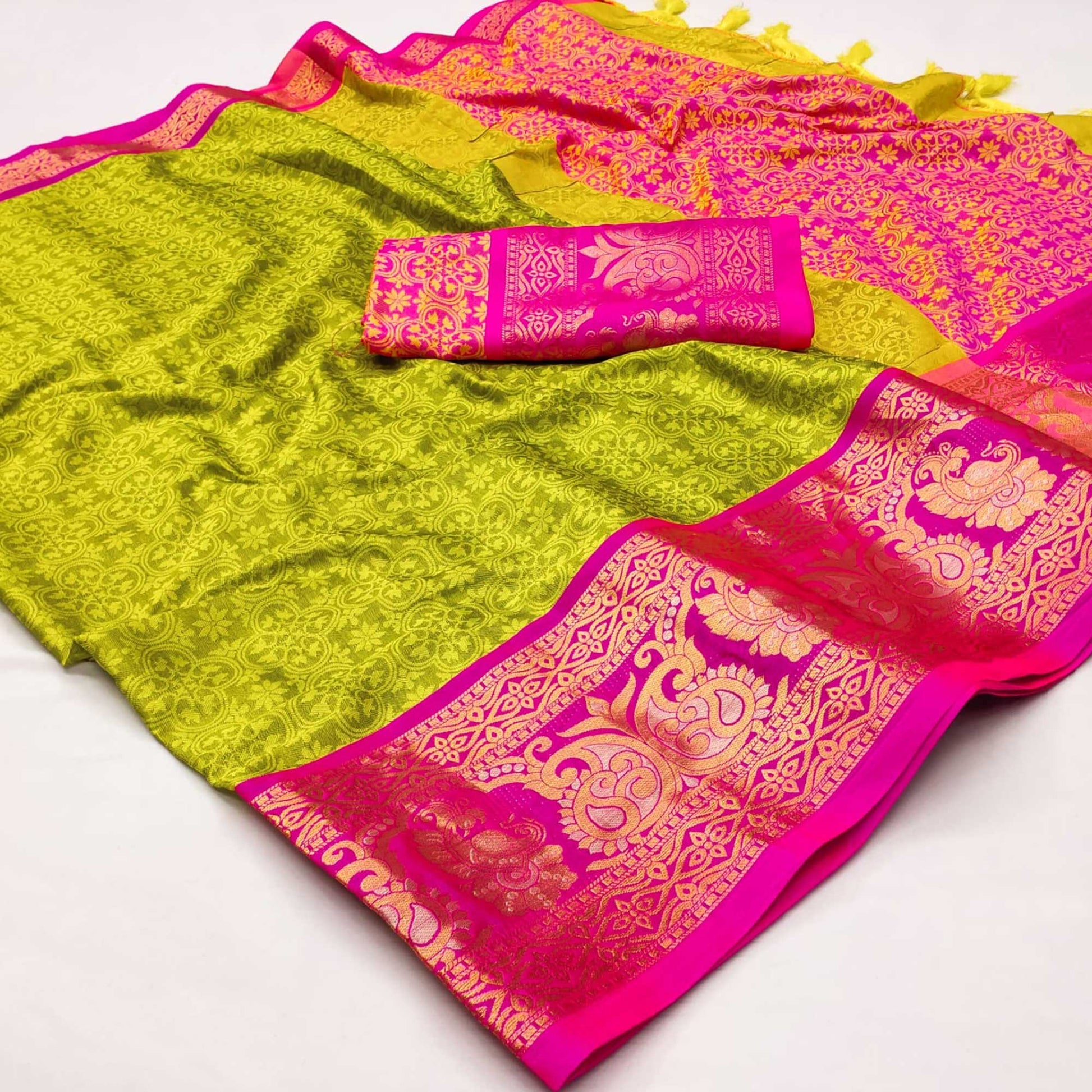 green-floral-woven-cotton-silk-saree-with-tassels