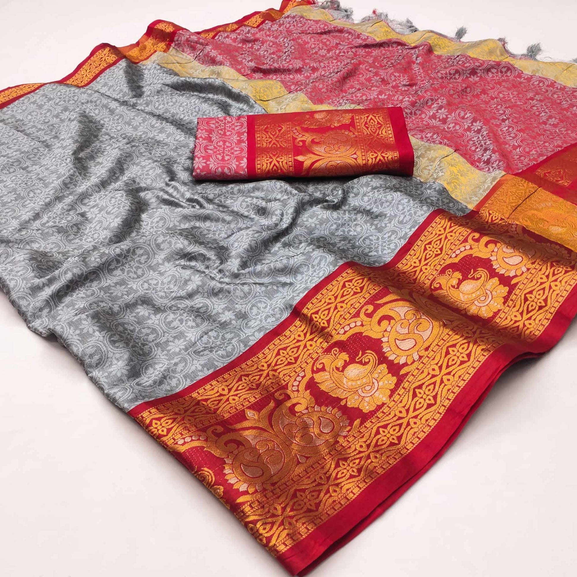 grey-floral-woven-cotton-silk-saree-with-tassels