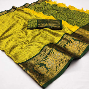 Lemon Green Floral Woven Cotton Silk Saree With Tassels