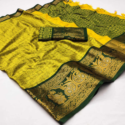 Lemon Green Floral Woven Cotton Silk Saree With Tassels
