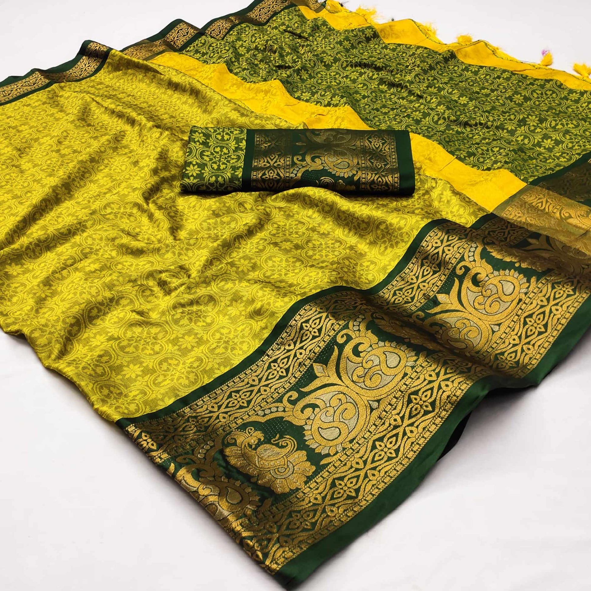 Lemon Green Floral Woven Cotton Silk Saree With Tassels