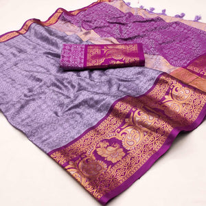 Light Violet Floral Woven Cotton Silk Saree With Tassels