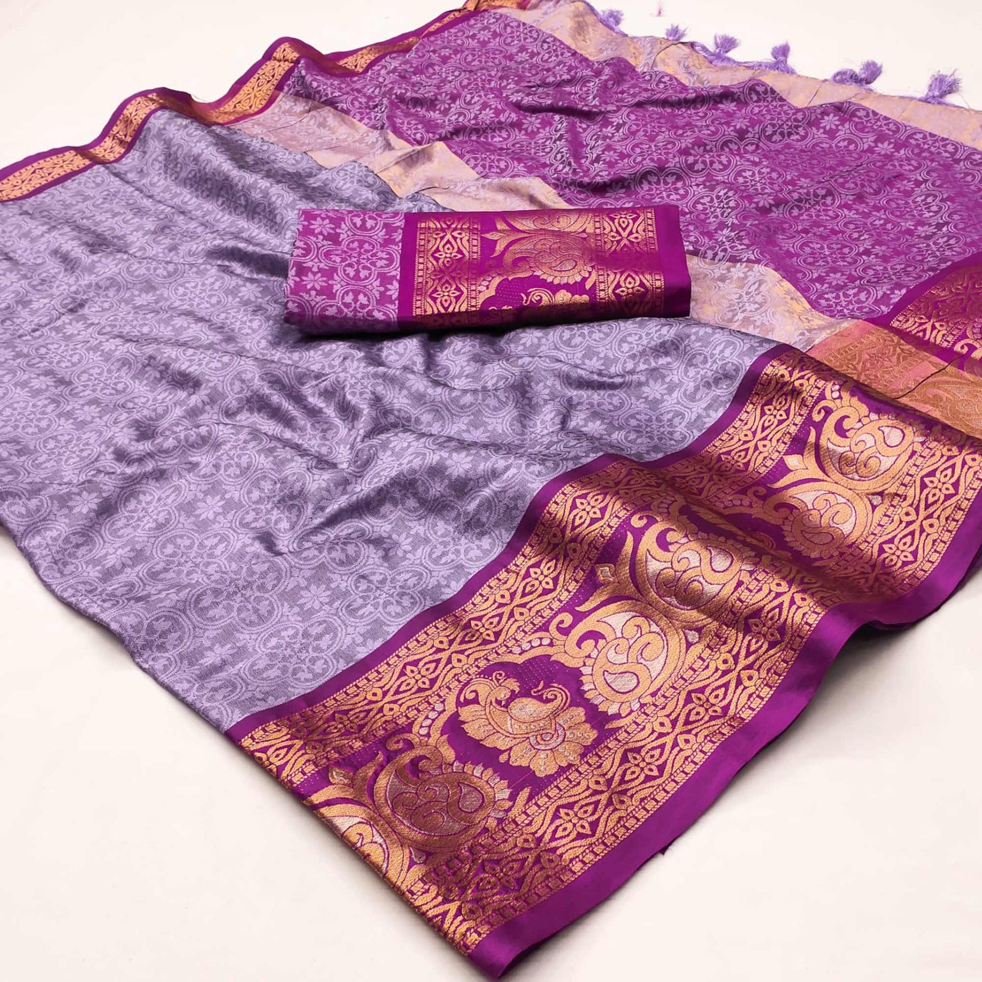 Light Violet Floral Woven Cotton Silk Saree With Tassels