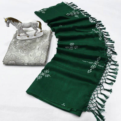 Bottle Green Floral Printed Muslin Saree With Tassels