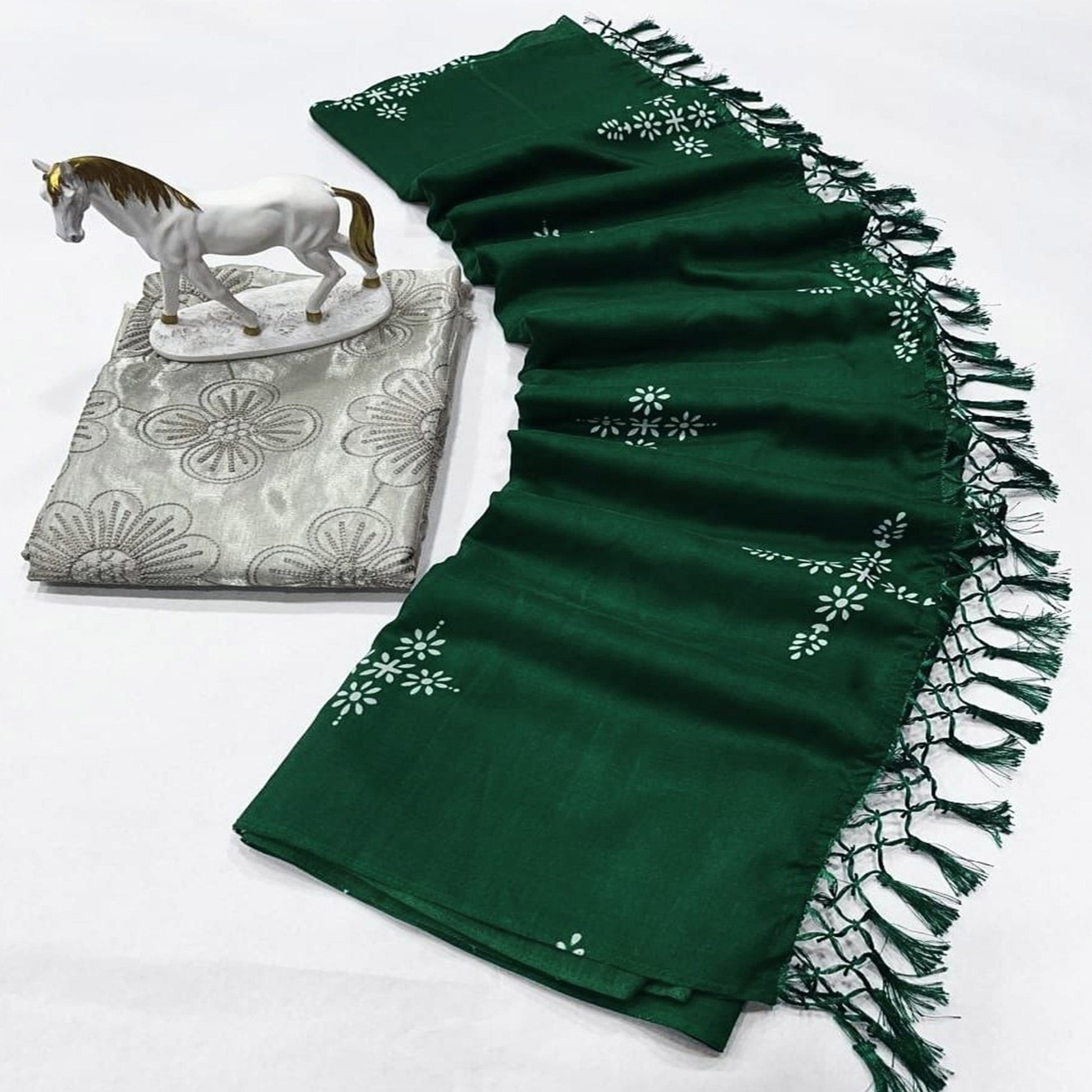 Bottle Green Floral Printed Muslin Saree With Tassels