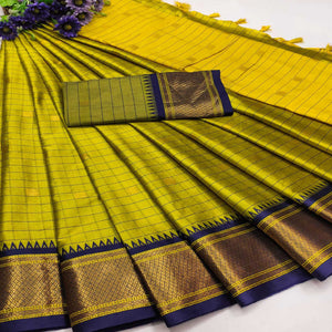 Lemon Green & Blue Woven Cotton Silk Saree With Tassels