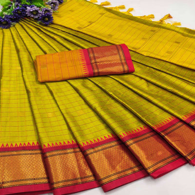 Lemon Green & Red Woven Cotton Silk Saree With Tassels