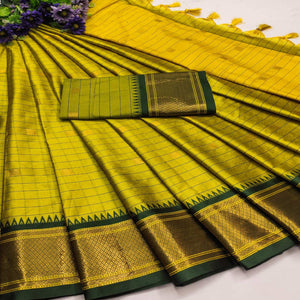 Lemon Green & Dark Green Woven Cotton Silk Saree With Tassels