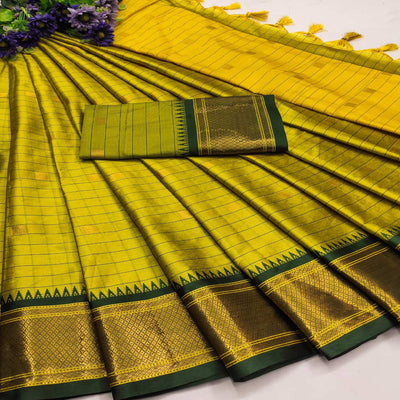 Lemon Green & Dark Green Woven Cotton Silk Saree With Tassels