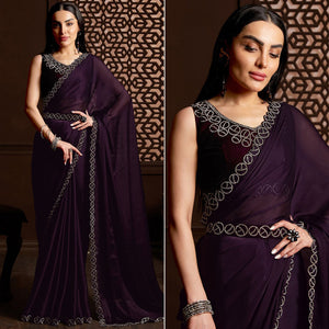 Dark Purple Stone Work Chiffon Saree