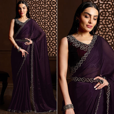 Dark Purple Stone Work Chiffon Saree
