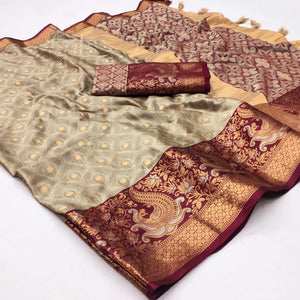 Chikoo Woven Cotton Silk Saree With Tassels