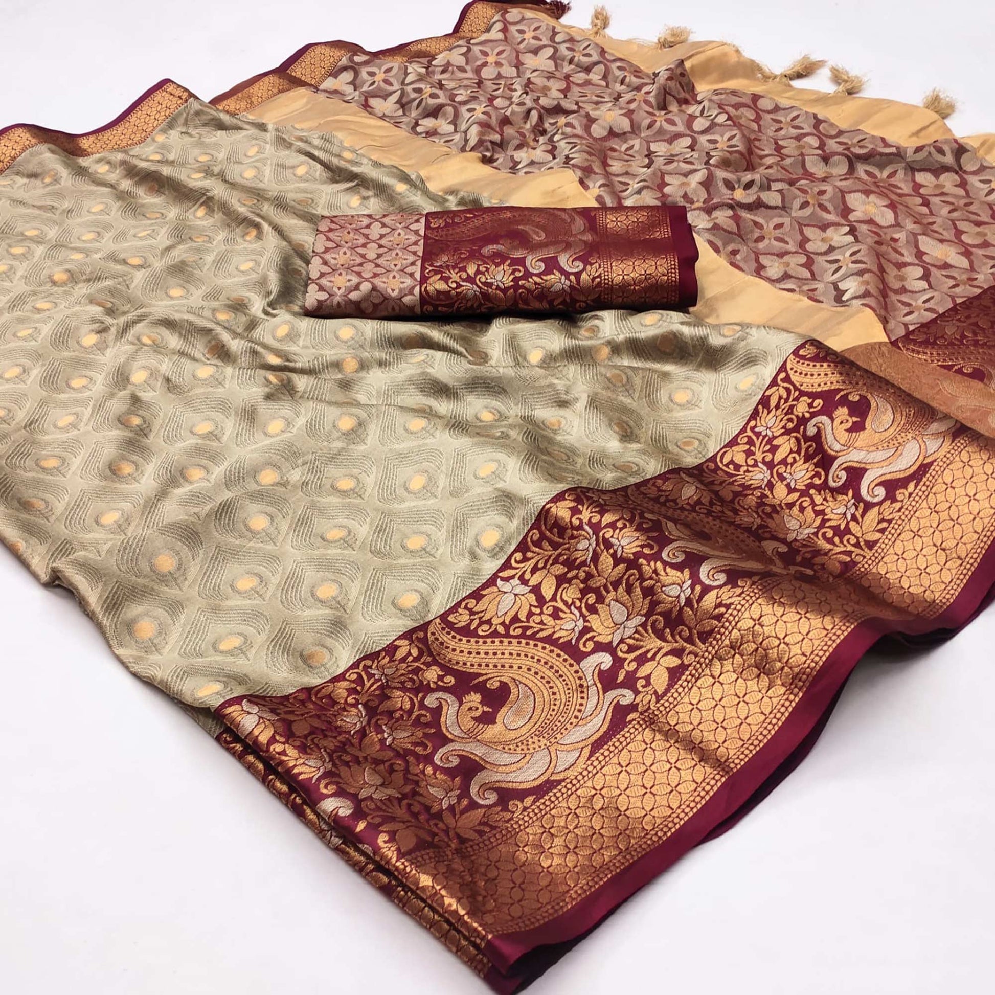 Chikoo Woven Cotton Silk Saree With Tassels