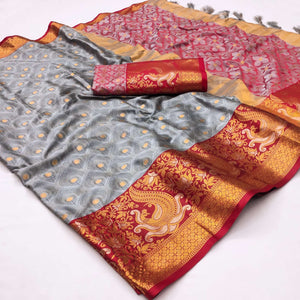 Grey Woven Cotton Silk Saree With Tassels
