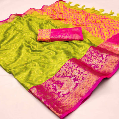 Lemon Green Woven Cotton Silk Saree With Tassels