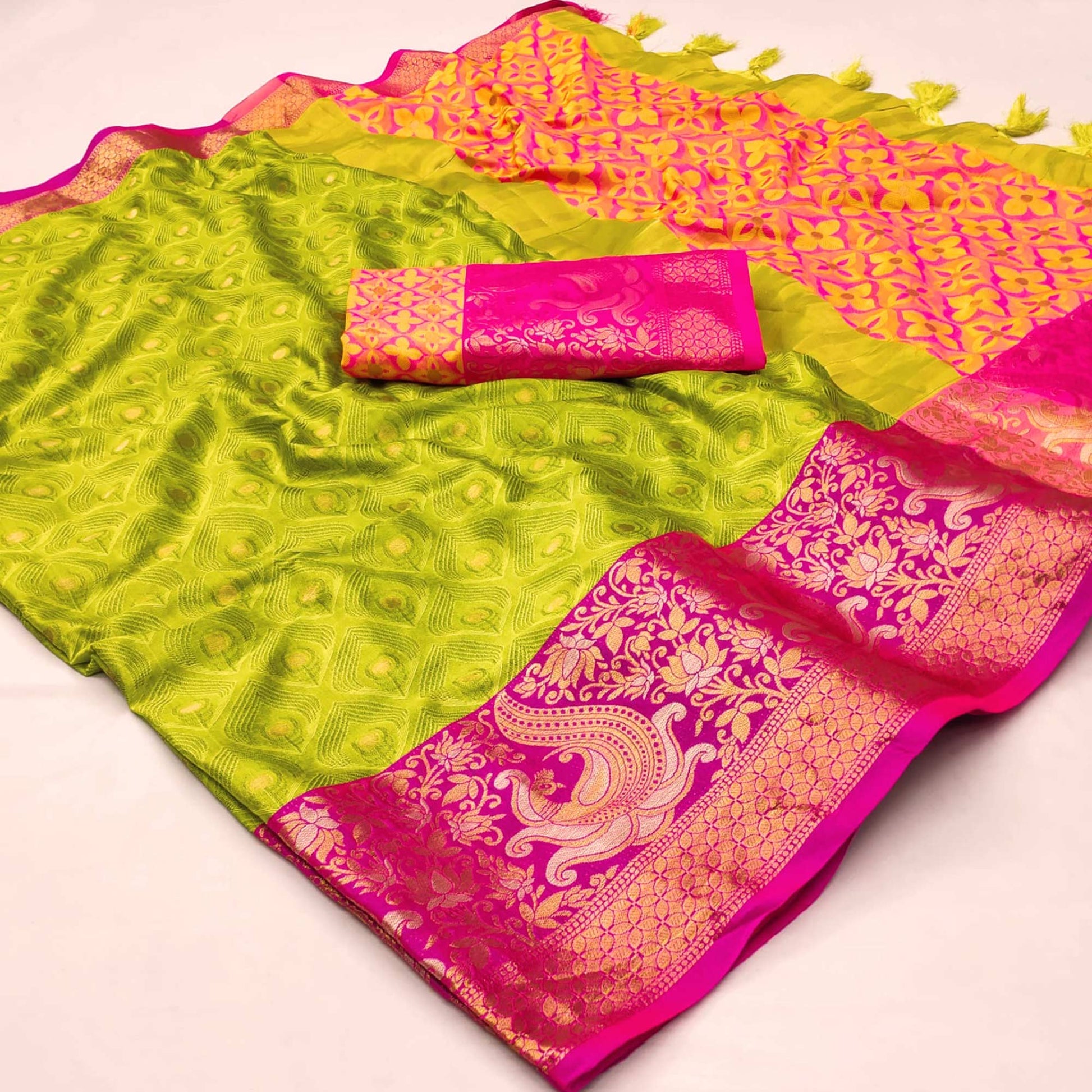 Lemon Green Woven Cotton Silk Saree With Tassels