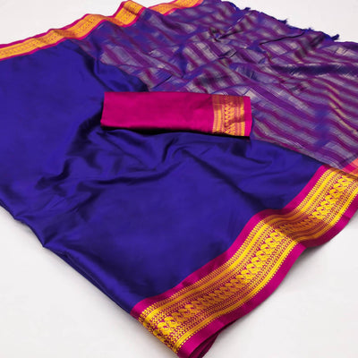 Blue Solid Cotton Silk Saree With Jacquard Border