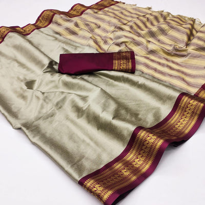 Chikoo Solid Cotton Silk Saree With Jacquard Border