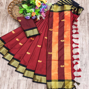 Maroon Butti Work Woven Cotton Silk Saree