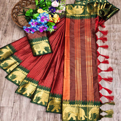 Maroon & Green Woven Cotton Silk Saree With Tassels