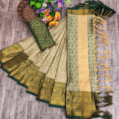 Chikoo Woven Cotton Silk Saree With Tassels