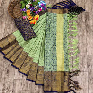 Dusty Green Woven Cotton Silk Saree With Tassels