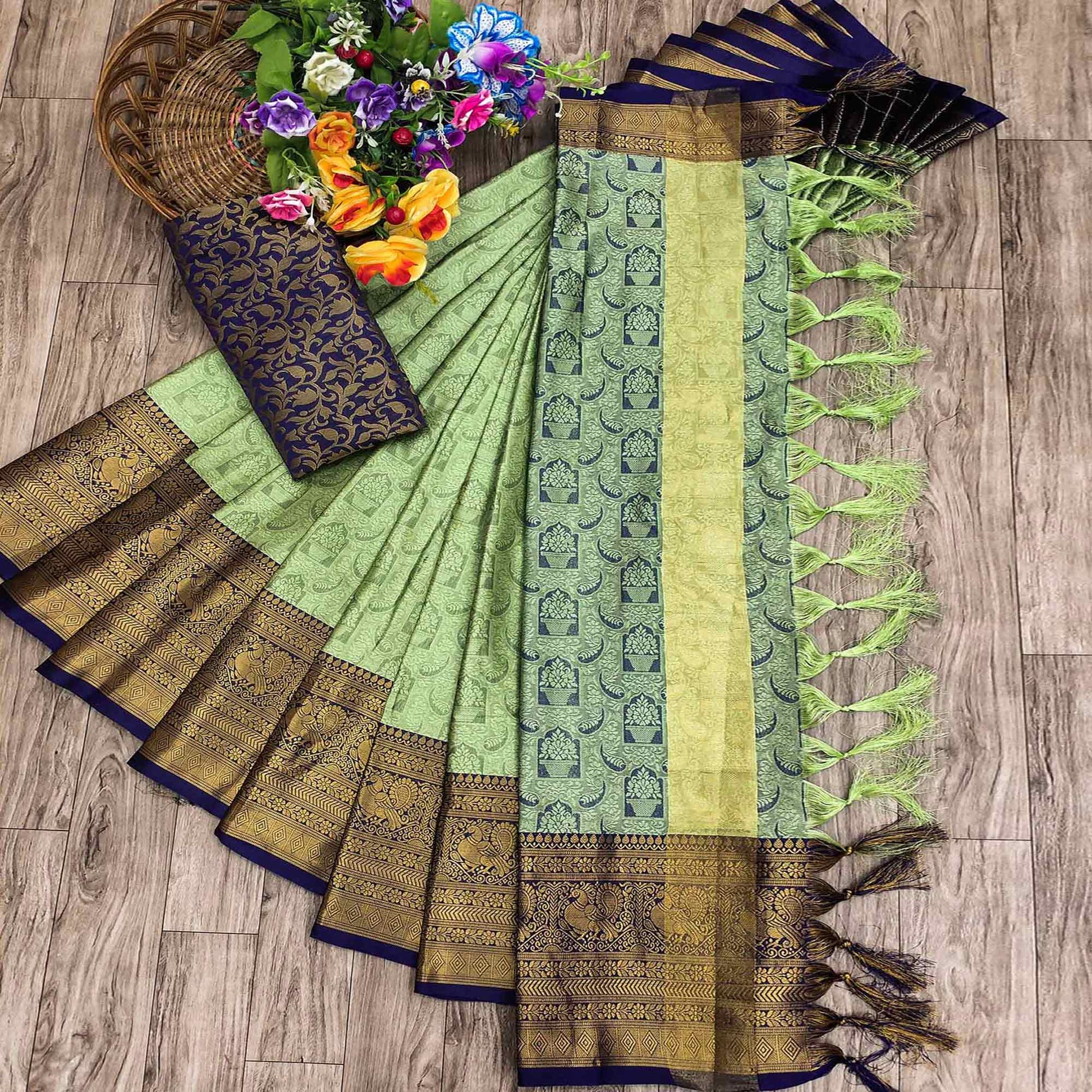 Dusty Green Woven Cotton Silk Saree With Tassels