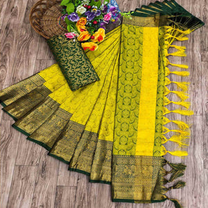 Lemon Yellow Woven Cotton Silk Saree With Tassels