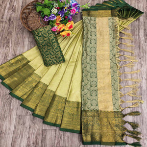 Light Green Woven Cotton Silk Saree With Tassels