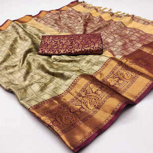 Chikoo Woven Cotton Silk Saree With Tassels
