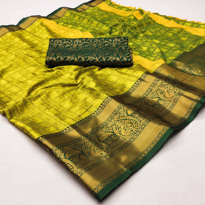 Lemon Yellow Woven Cotton Silk Saree With Tassels