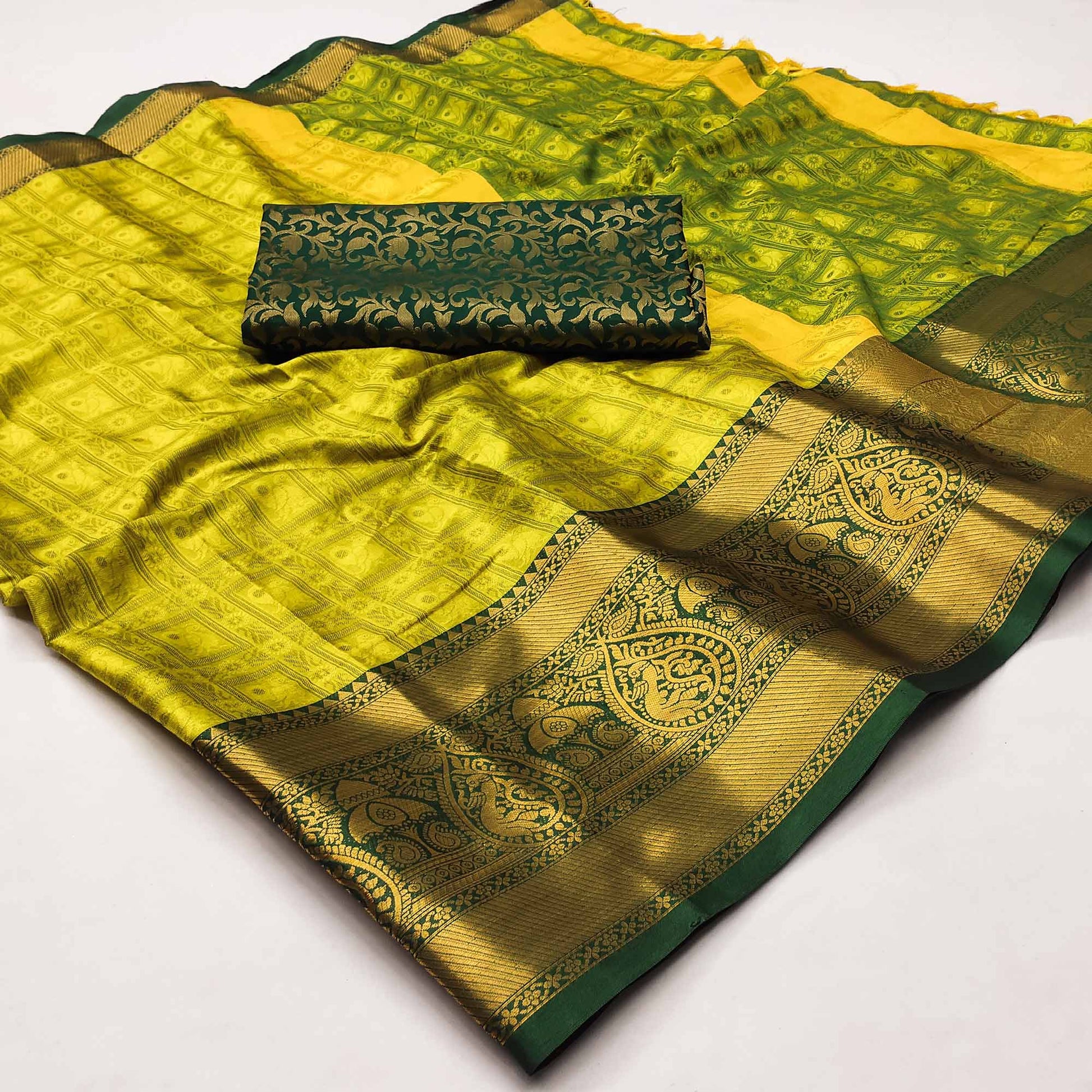 Lemon Yellow Woven Cotton Silk Saree With Tassels