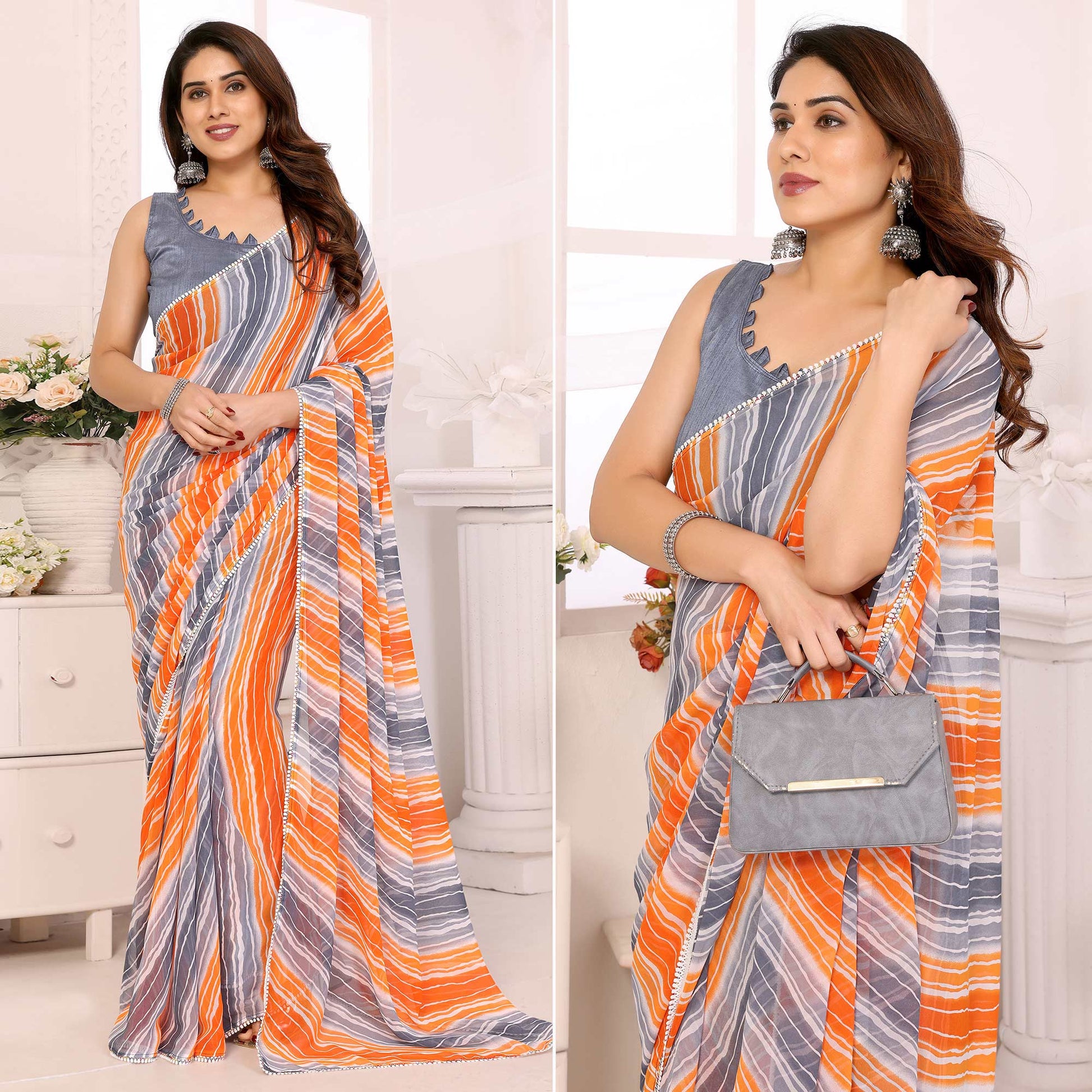 grey-orange-leheriya-printed-georgette-ready-to-wear-saree