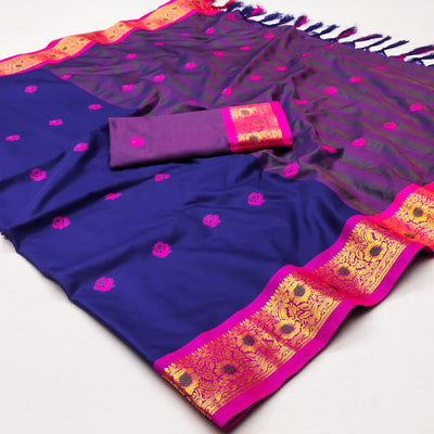 Blue Woven Cotton Silk Saree With Tassels