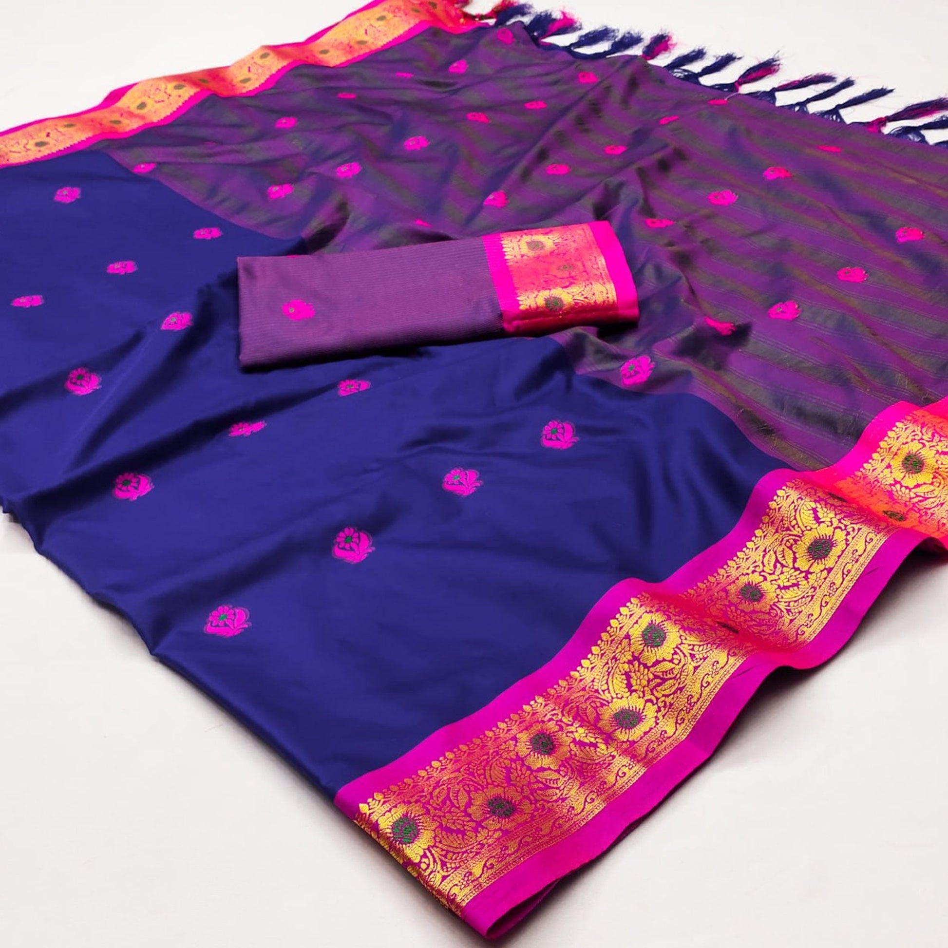 Blue Woven Cotton Silk Saree With Tassels