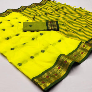 Lemon Yellow Woven Cotton Silk Saree With Tassels