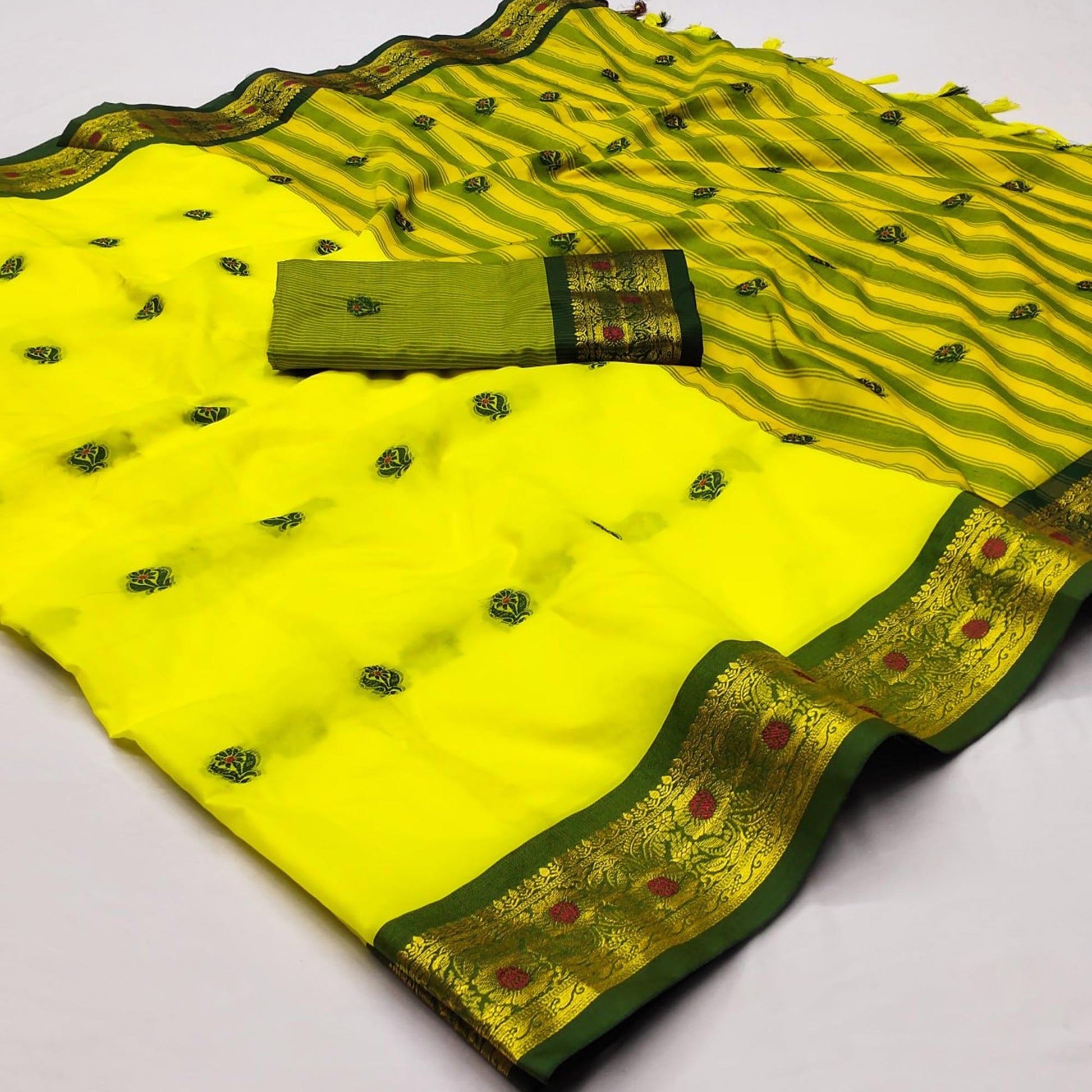 Lemon Yellow Woven Cotton Silk Saree With Tassels