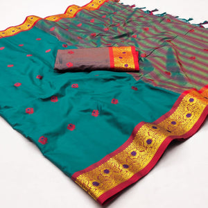 Morpich Woven Cotton Silk Saree With Tassels
