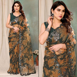 Dark Green  Printed Georgette Saree With Mirror Work Border