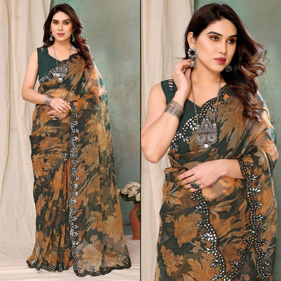 Dark Green  Printed Georgette Saree With Mirror Work Border