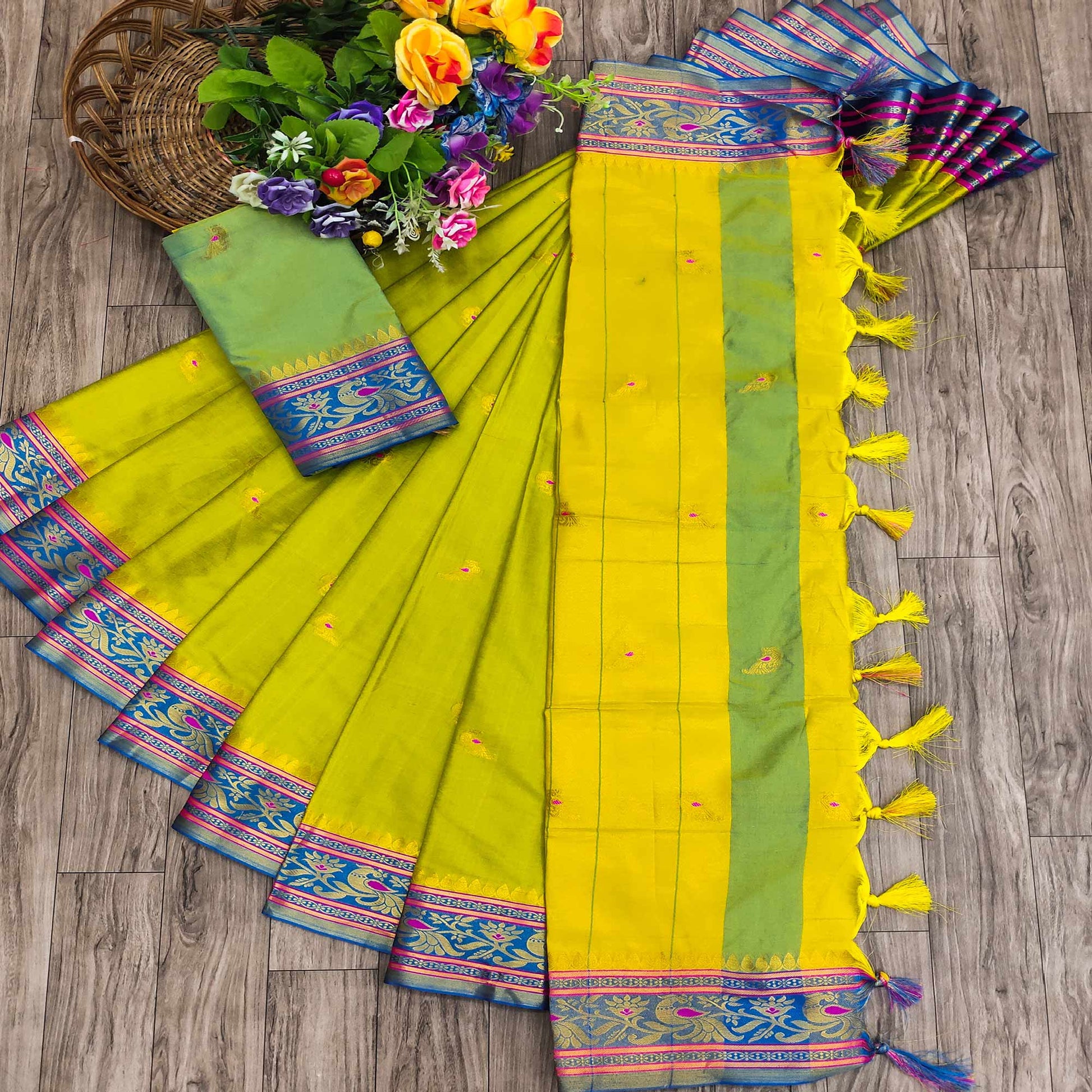 Lemon Green Butti Work Woven Cotton Silk Saree