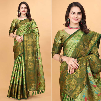 green-floral-woven-tissue-silk-saree-with-tassels