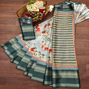 Dark Grey Floral Digital Printed Cotton Silk Saree