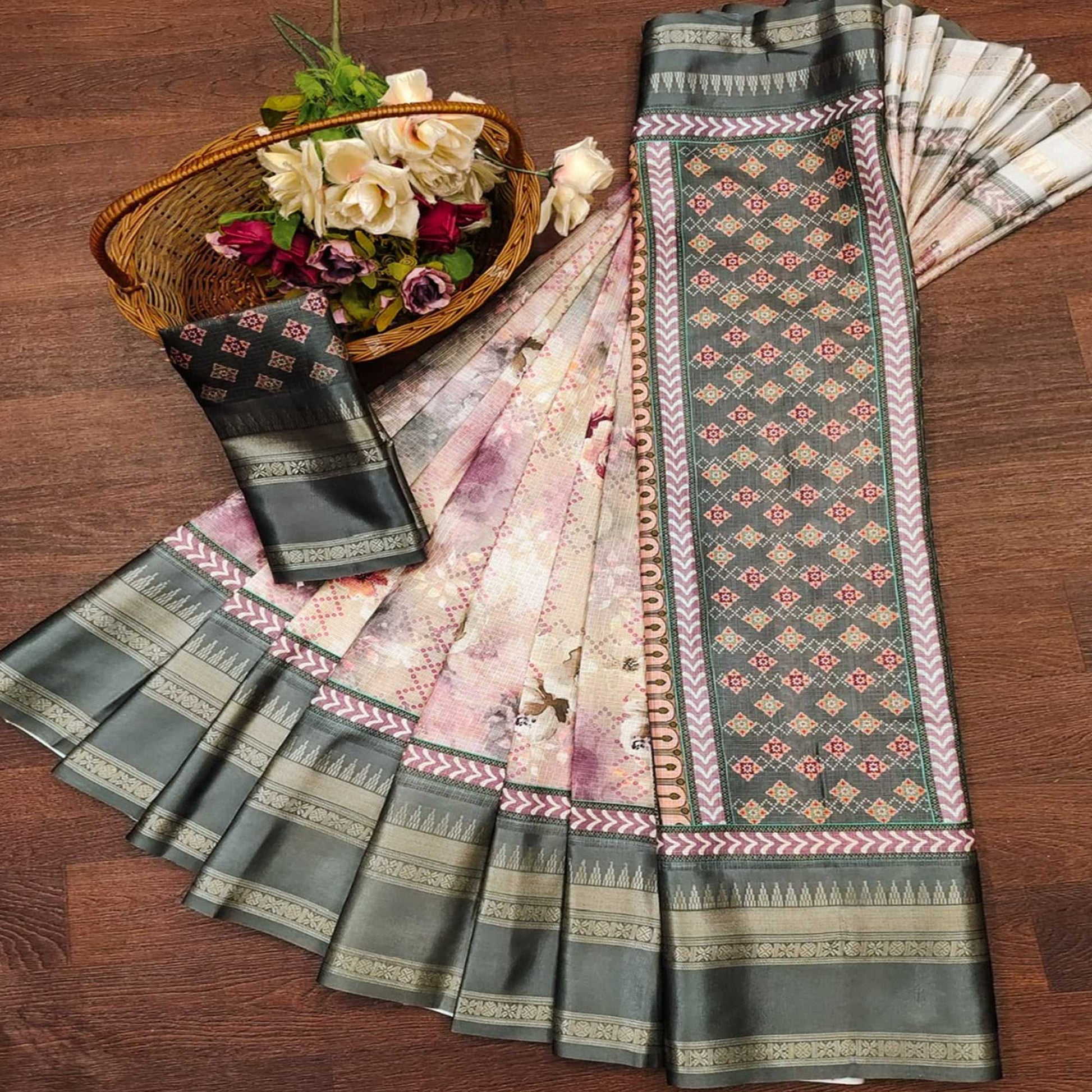 Light Grey Floral Digital Printed Cotton Silk Saree
