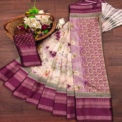 Magenta Floral Digital Printed Cotton Silk Saree