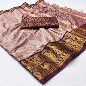 Brown Woven Cotton Silk Saree With Tassels